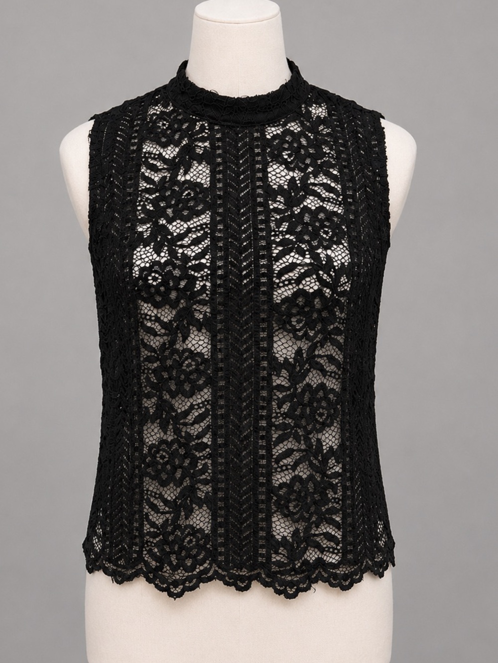 Vintage Black Sheer Floral Lace Mock Neck Sleeveless Top S/M
